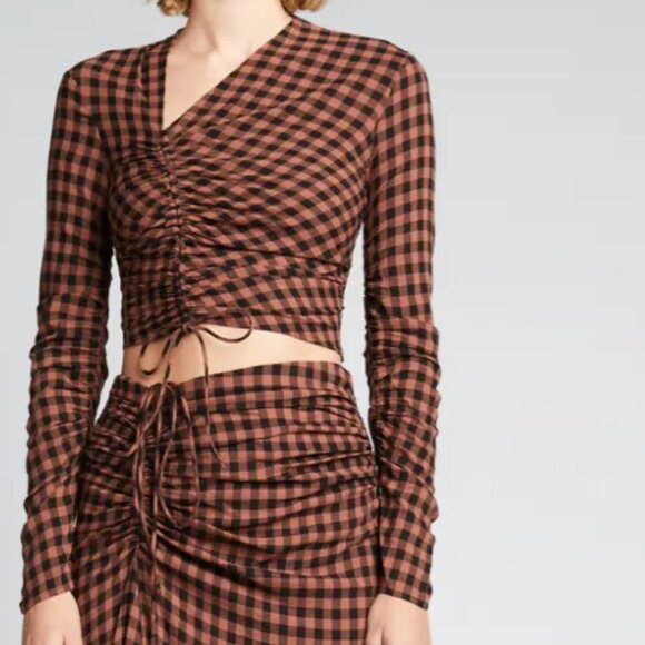 A.L.C. Oryn Asymmetric Check Long Sleeve Top Brown 4 - Picture 1 of 11